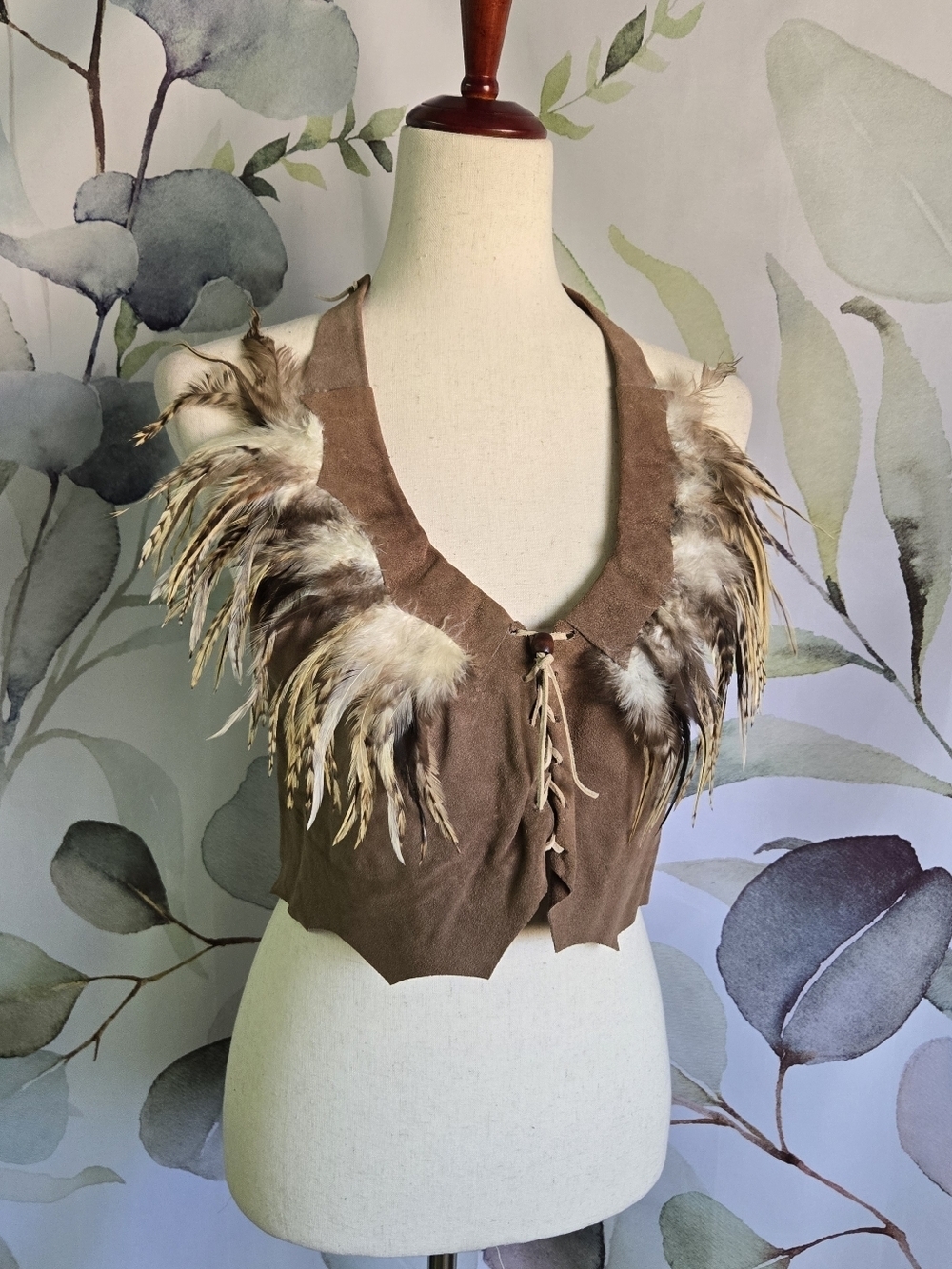 VINTAGE Feather Trim Lace-Up Brown Suede Vest